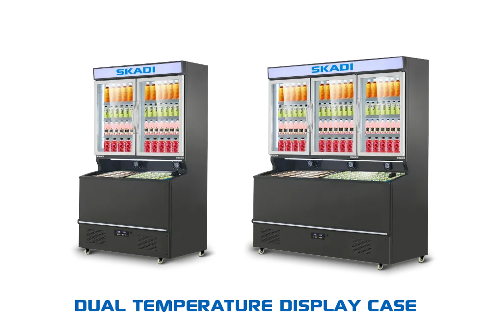 Two units of the Advanced Combination Freezer for Bulk Orders | DTFC-688C from Skadi, each with dual-temperature display cases for holding both chilled and frozen products. Designed for high-volume retail applications, these freezers feature illuminated glass doors and spacious storage.